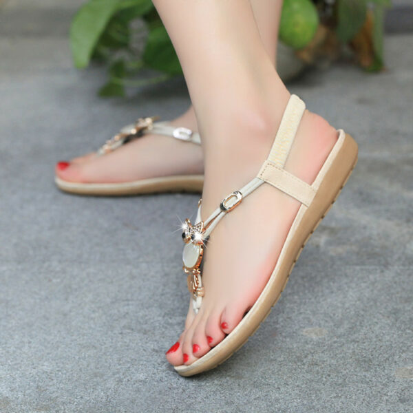 Rhinestone Cream Thong Sandals Beaded Flat Shoes