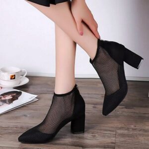 Woman Square Black Heels Mesh Ladies Pointed Toe
