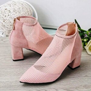 Woman Square Pink Heels Mesh Ladies Pointed Toe